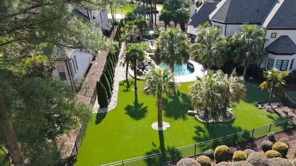 Drone shot of artificial grass lawn from SYNLawn