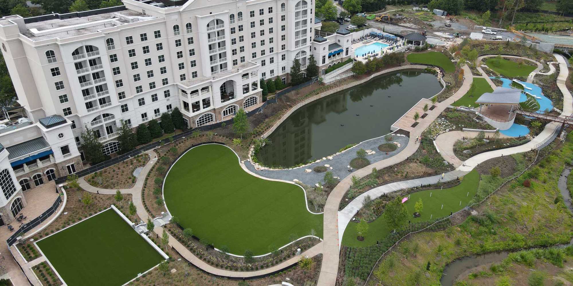 Drone shot of commercial artificial grass installation from SYNLawn